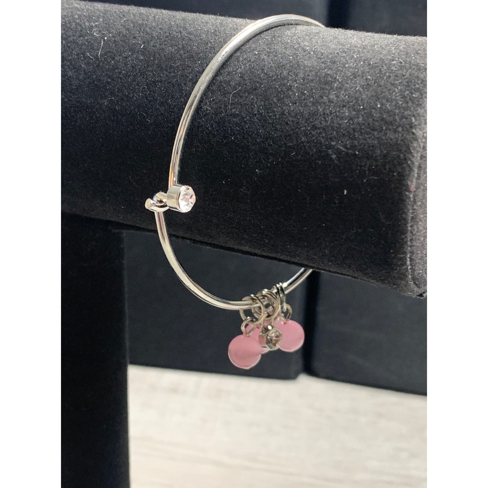Silver Tone Pink Bead Rhinestone Expandable Bangle Bracelet Adjustable 3916
